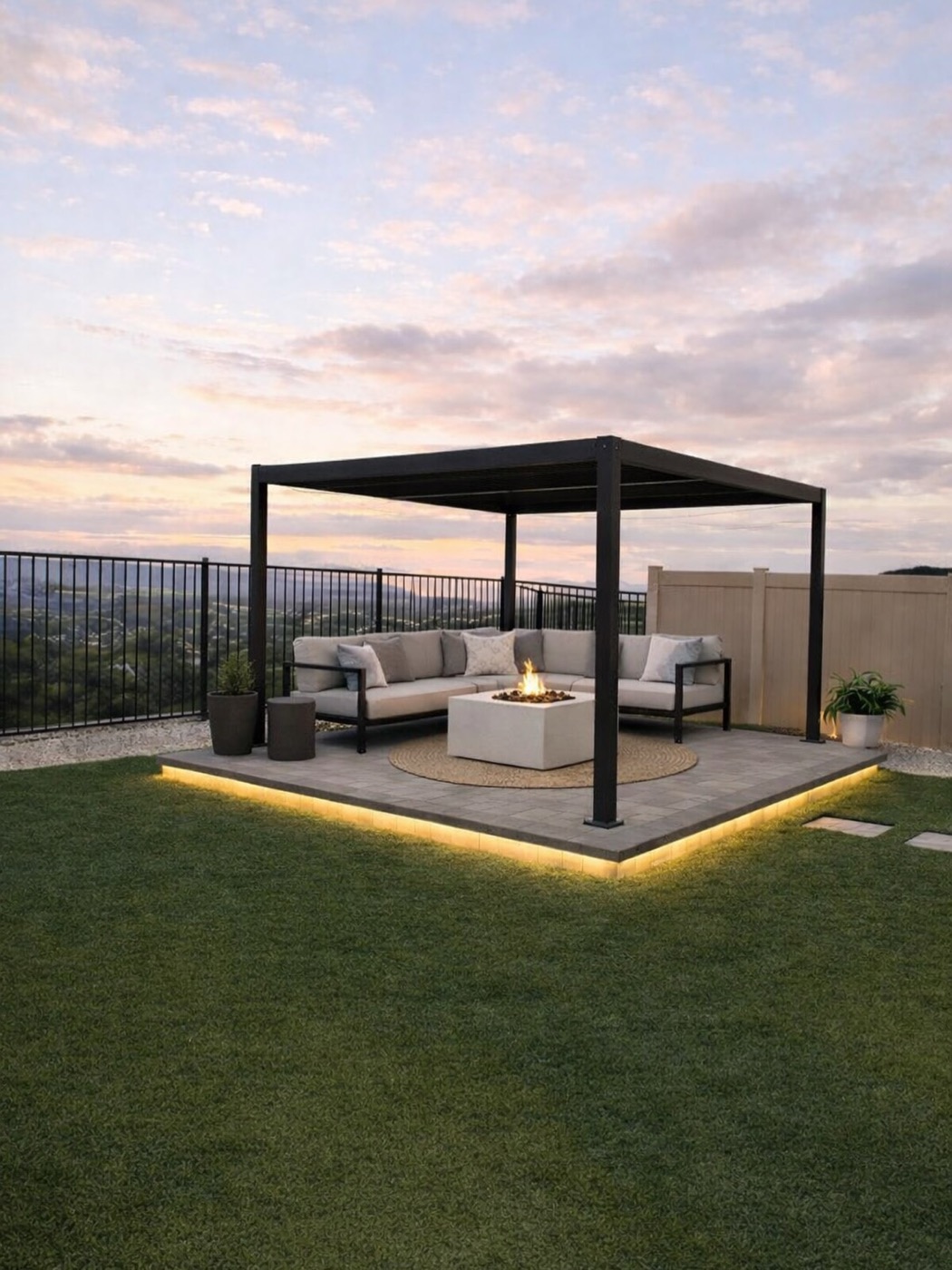 Modern black pergola with fire pit and sectional on a paver deck, wrapped in turf with under-deck lighting at dusk