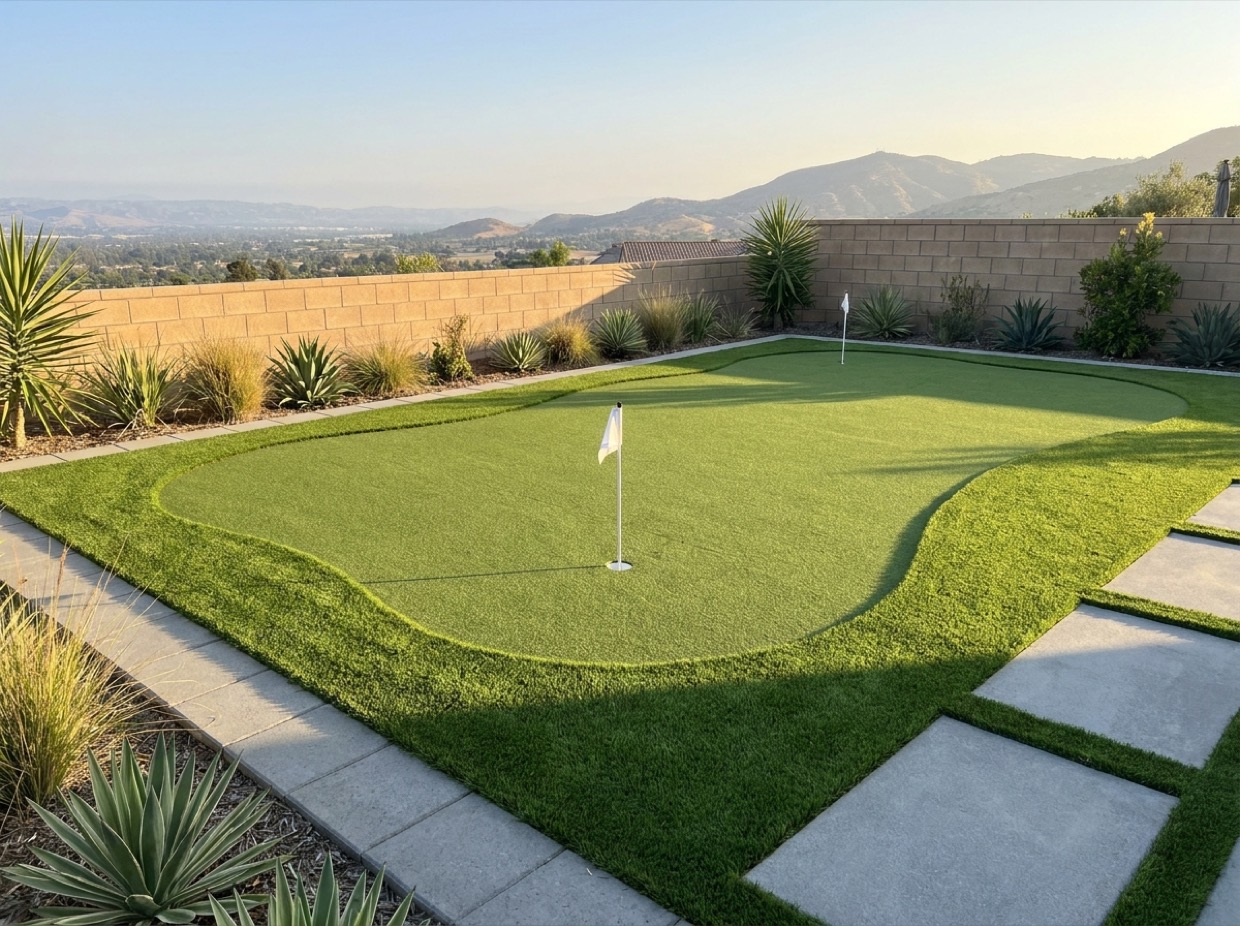 Backyard artificial-turf putting green with flags, bordered by pavers and drought-tolerant plants overlooking the valley