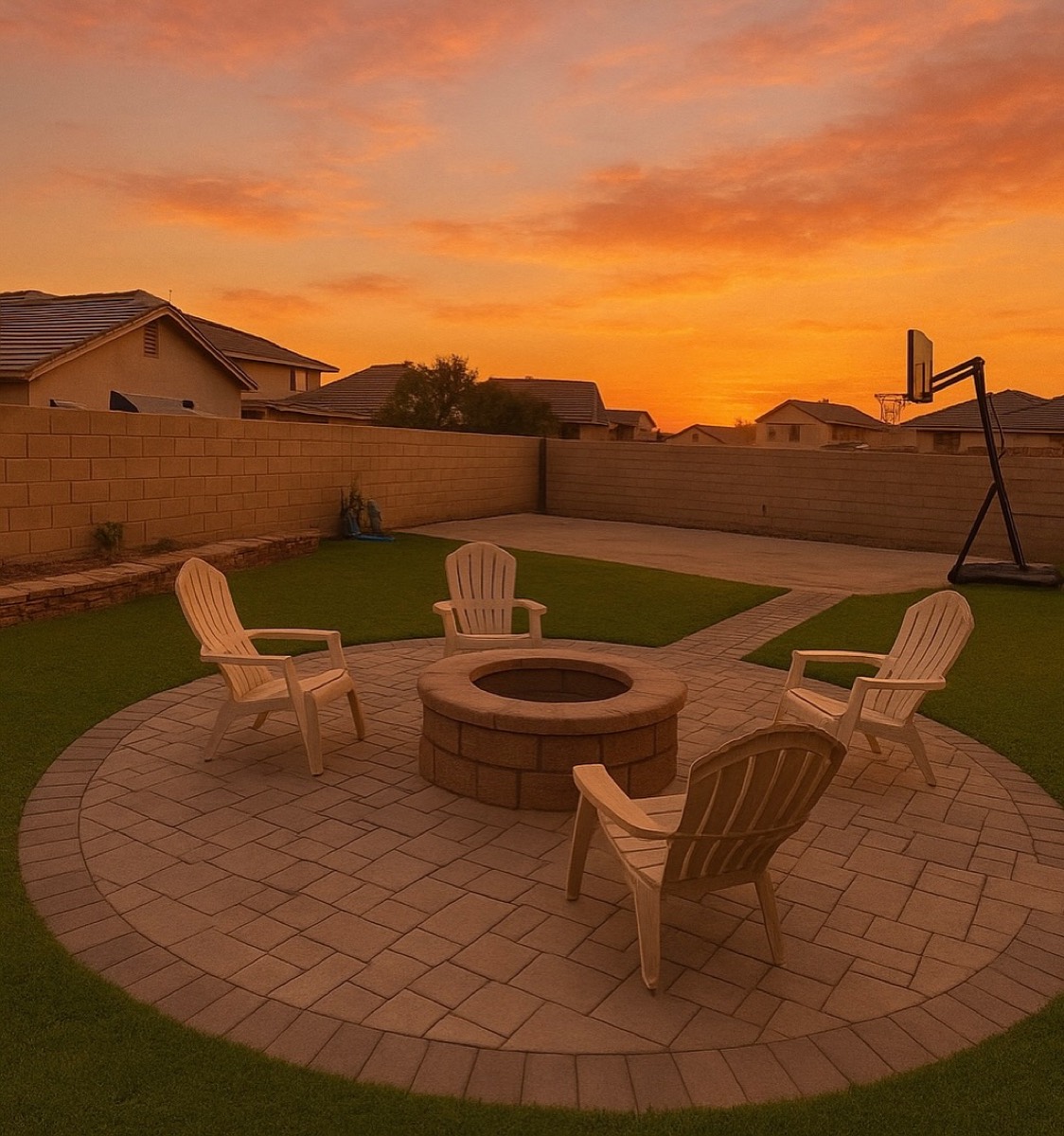 Circular paver fire-pit patio ringed by artificial turf at sunset, built by Westland Outdoor